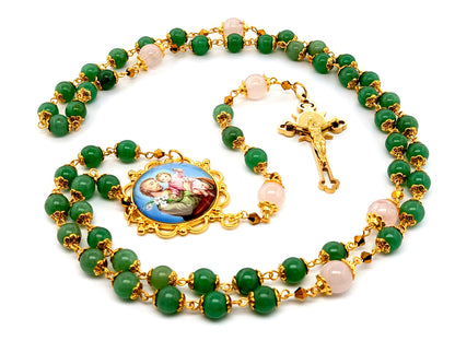 Saint Joseph unique rosary beads jade and rose quartz gemstone rosary beads with gold plated stainless steel Saint Benedict crucifix.