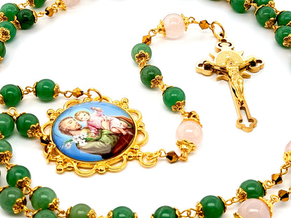 Saint Joseph unique rosary beads jade and rose quartz gemstone rosary beads with gold plated stainless steel Saint Benedict crucifix.