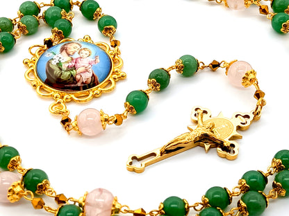 Saint Joseph unique rosary beads jade and rose quartz gemstone rosary beads with gold plated stainless steel Saint Benedict crucifix.