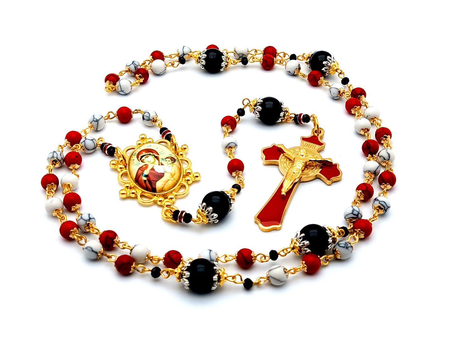 Our Lady of Perpetual Help unique rosary beads gemstone rosary beads with red enamel Saint Benedict crucifix and onyx gemstone Our Father beads.