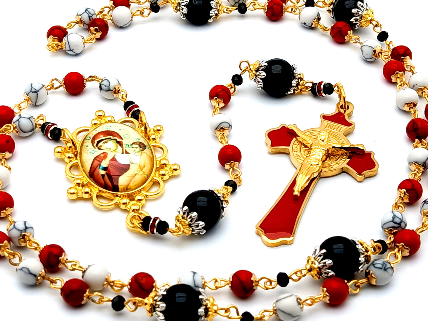 Our Lady of Perpetual Help unique rosary beads gemstone rosary beads with red enamel Saint Benedict crucifix and onyx gemstone Our Father beads.