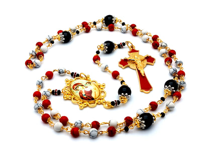 Our Lady of Perpetual Help unique rosary beads gemstone rosary beads with red enamel Saint Benedict crucifix and onyx gemstone Our Father beads.