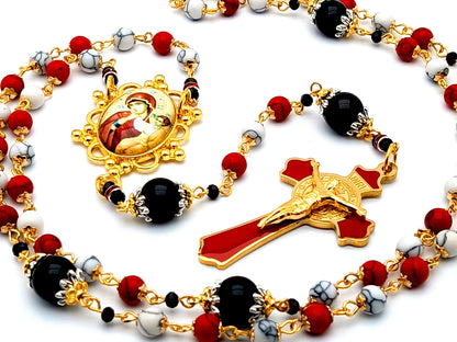 Our Lady of Perpetual Help unique rosary beads gemstone rosary beads with red enamel Saint Benedict crucifix and onyx gemstone Our Father beads.