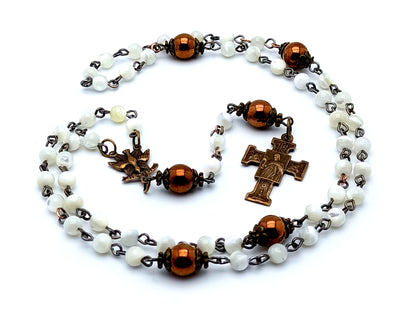 Holy Spirit unique rosary beads antique style mother of pearl and Hematite gemstone rosary beads with the Blessed Sacrament and Our Lady of Lourdes brass cross.