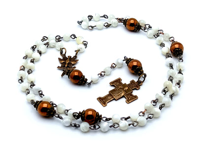 Holy Spirit unique rosary beads antique style mother of pearl and Hematite gemstone rosary beads with the Blessed Sacrament and Our Lady of Lourdes brass cross.