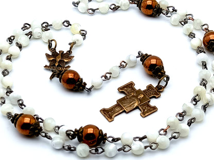 Holy Spirit unique rosary beads antique style mother of pearl and Hematite gemstone rosary beads with the Blessed Sacrament and Our Lady of Lourdes brass cross.