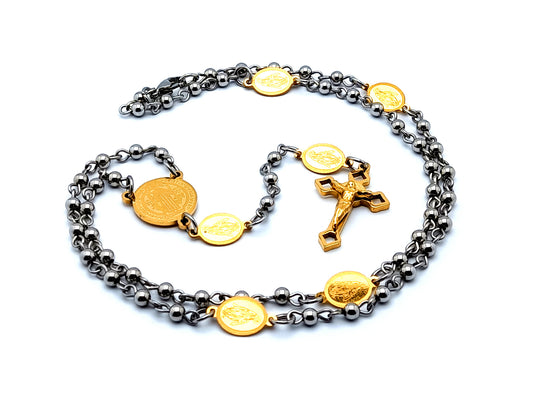 Saint Benedict unique rosary beads stainless steel and gold plated rosary bead necklace with Miraculous medal Our Father links and Saint Benedict crucifix.