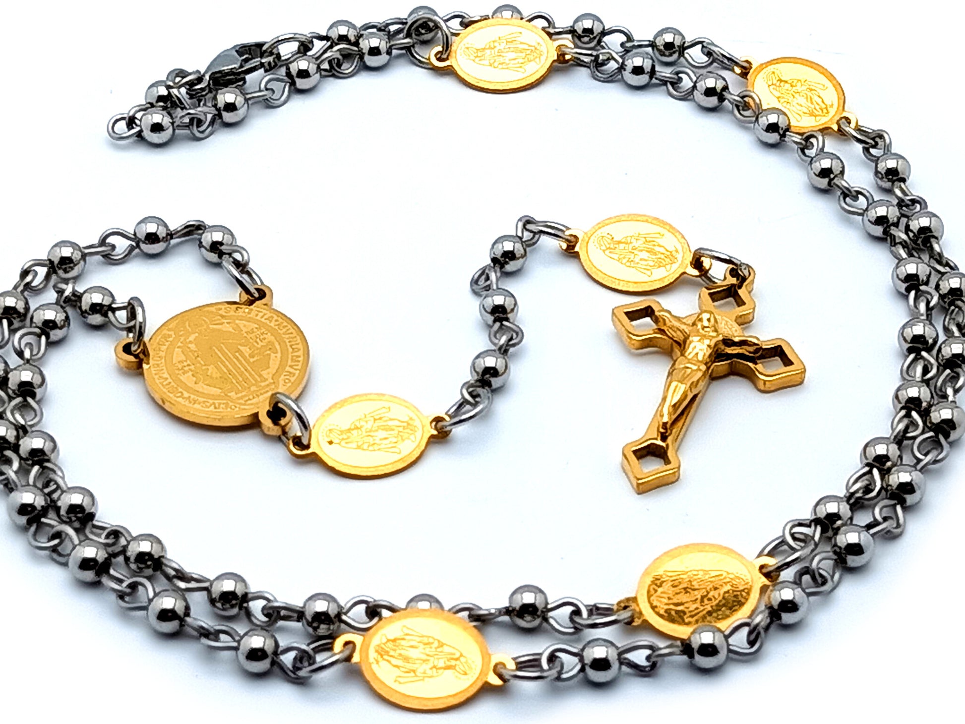 Saint Benedict unique rosary beads stainless steel and gold plated rosary bead necklace with Miraculous medal Our Father links and Saint Benedict crucifix.