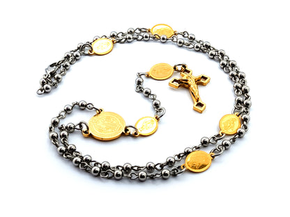 Saint Benedict unique rosary beads stainless steel and gold plated rosary bead necklace with Miraculous medal Our Father links and Saint Benedict crucifix.