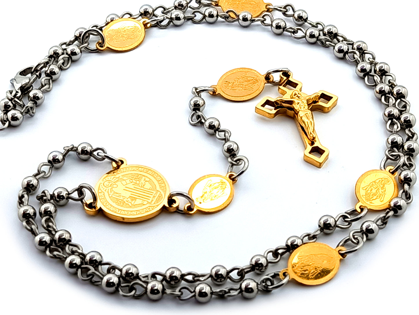 Saint Benedict unique rosary beads stainless steel and gold plated rosary bead necklace with Miraculous medal Our Father links and Saint Benedict crucifix.