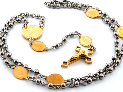 Saint Benedict unique rosary beads stainless steel and gold plated rosary bead necklace with Miraculous medal Our Father links and Saint Benedict crucifix.