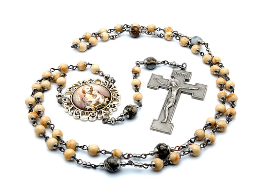 Saint Joseph unique rosary beads gemstone rosary beads with large domed picture medal center and box style crucifix.