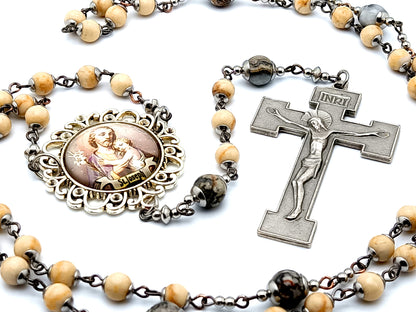 Saint Joseph unique rosary beads gemstone rosary beads with large domed picture medal center and box style crucifix.