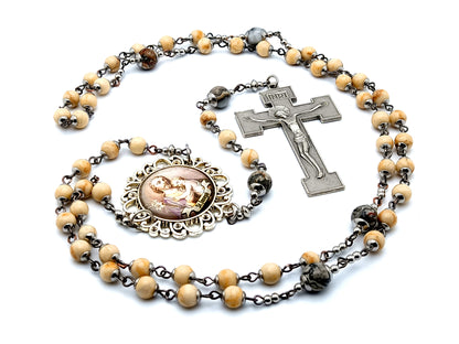 Saint Joseph unique rosary beads gemstone rosary beads with large domed picture medal center and box style crucifix.