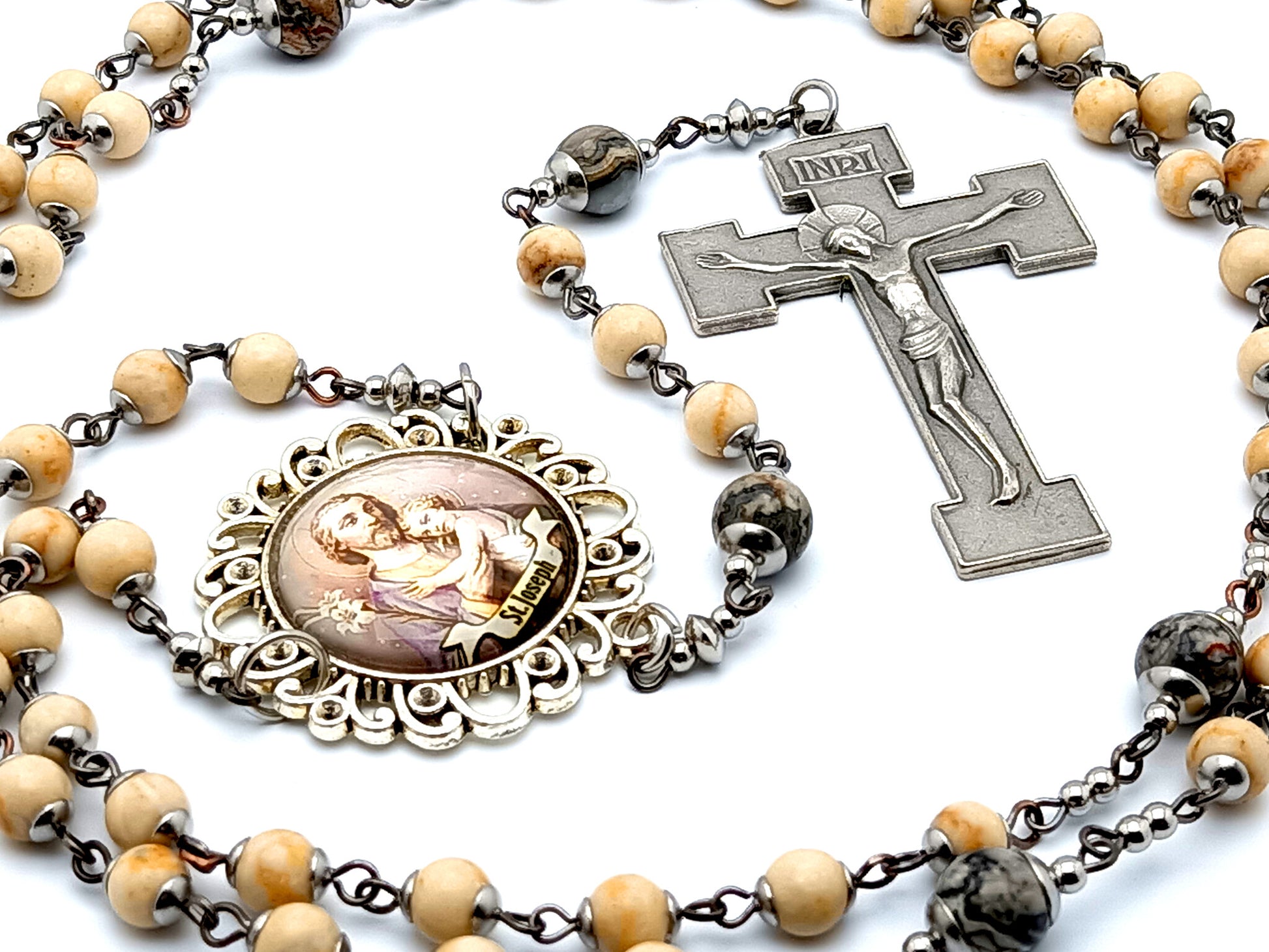 Saint Joseph unique rosary beads gemstone rosary beads with large domed picture medal center and box style crucifix.