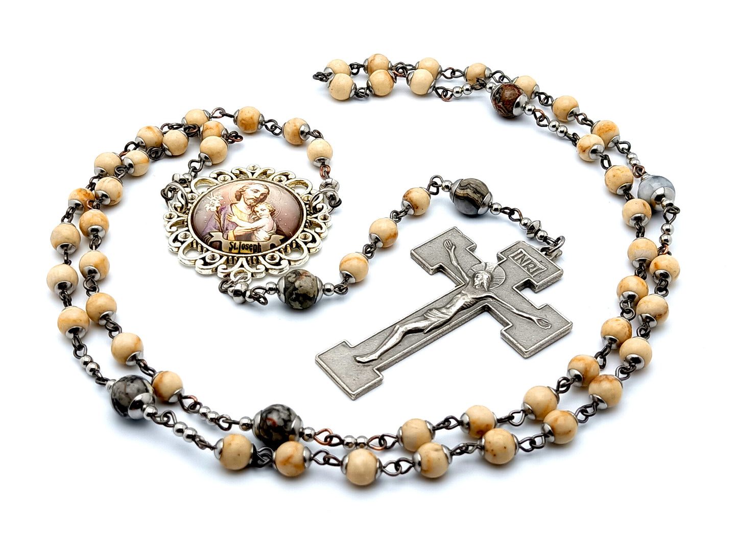 Saint Joseph unique rosary beads gemstone rosary beads with large domed picture medal center and box style crucifix.