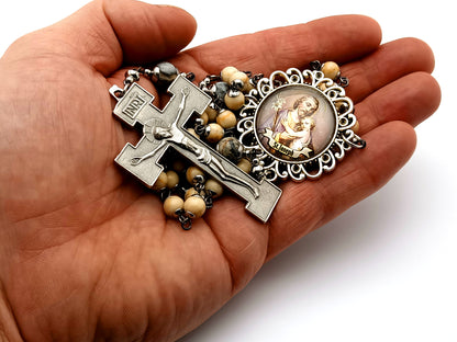 Saint Joseph unique rosary beads gemstone rosary beads with large domed picture medal center and box style crucifix.