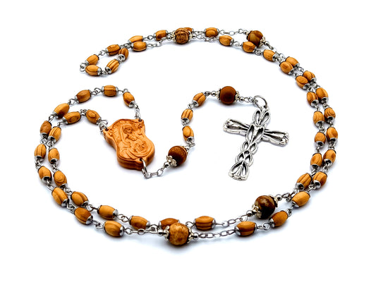 Virgin Mary and child Jesus unique rosary beads wooden rosary beads with gemstone Our Father beads and Saint Joseph Lily crucifix.