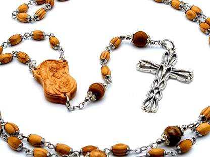 Virgin Mary and child Jesus unique rosary beads wooden rosary beads with gemstone Our Father beads and Saint Joseph Lily crucifix.