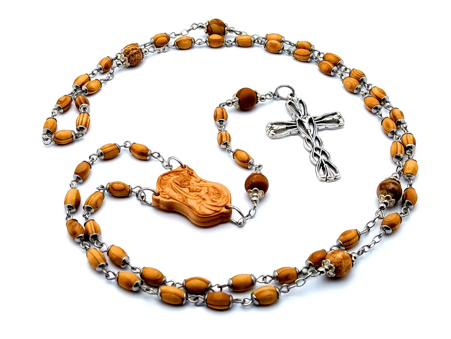 Virgin Mary and child Jesus unique rosary beads wooden rosary beads with gemstone Our Father beads and Saint Joseph Lily crucifix.