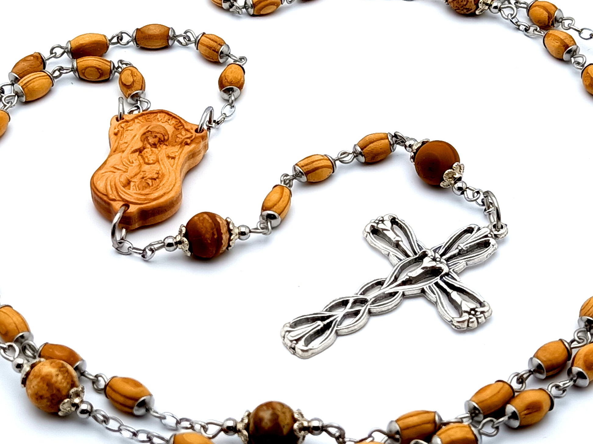 Virgin Mary and child Jesus unique rosary beads wooden rosary beads with gemstone Our Father beads and Saint Joseph Lily crucifix.