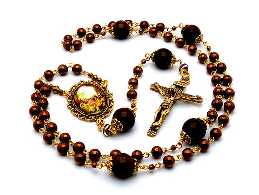 The Last Supper unique rosary beads copper hematite gemstone rosary beads with gold plated stainless steel wood design crucifix.