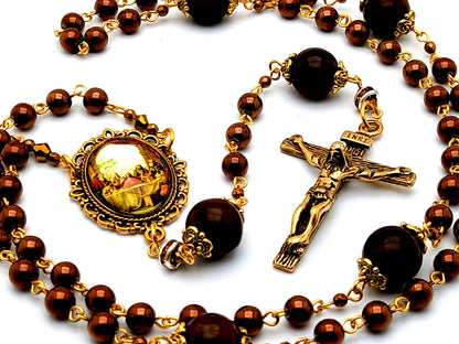 The Last Supper unique rosary beads copper hematite gemstone rosary beads with gold plated stainless steel wood design crucifix.