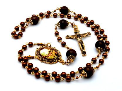 The Last Supper unique rosary beads copper hematite gemstone rosary beads with gold plated stainless steel wood design crucifix.