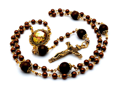 The Last Supper unique rosary beads copper hematite gemstone rosary beads with gold plated stainless steel wood design crucifix.