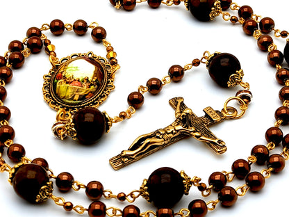 The Last Supper unique rosary beads copper hematite gemstone rosary beads with gold plated stainless steel wood design crucifix.