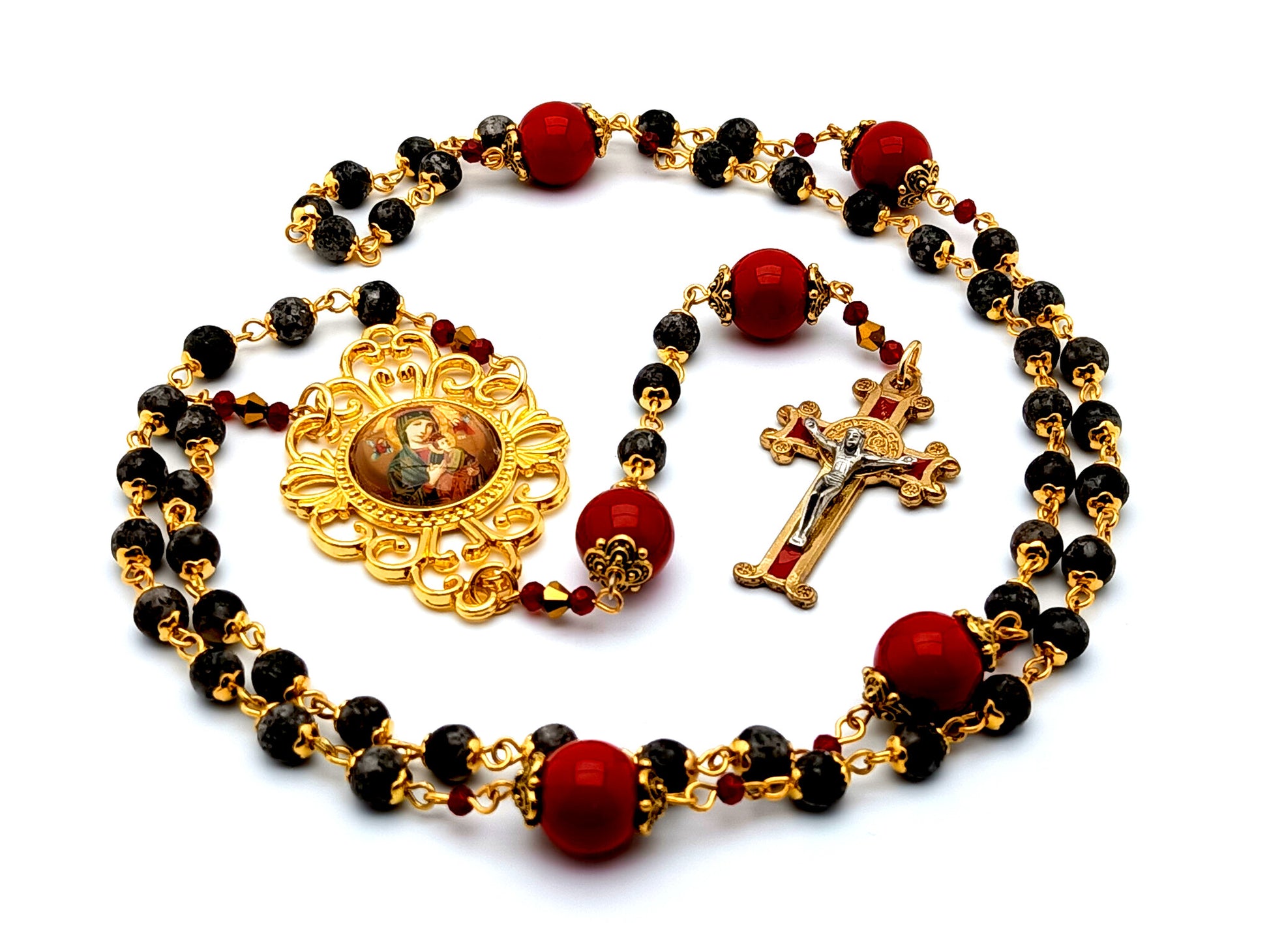 Our Lady of Perpetual Succor unique rosary beads jasper gemstone rosary beads with gold plated and red enamel Saint Benedict crucifix.