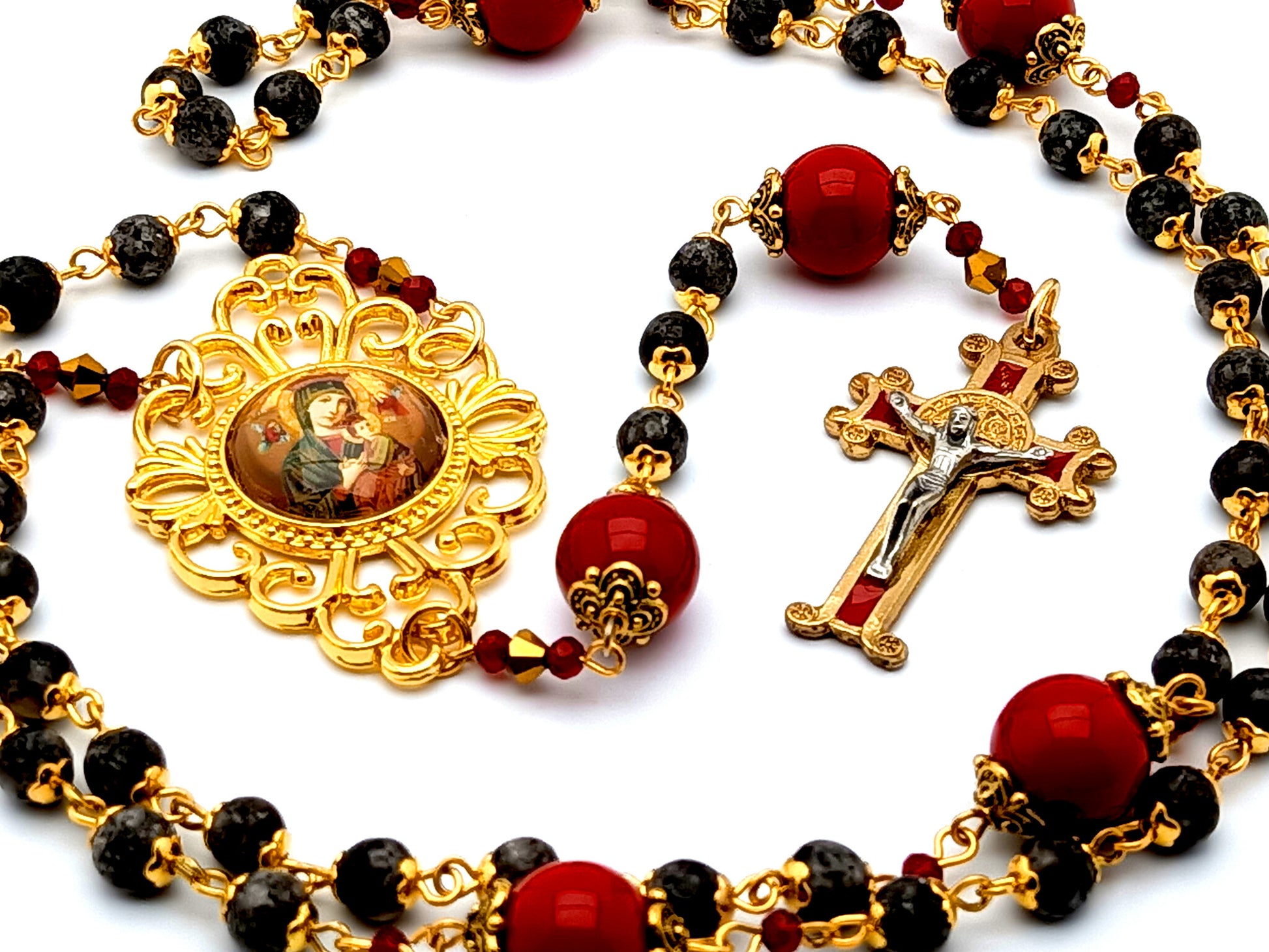 Our Lady of Perpetual Succor unique rosary beads jasper gemstone rosary beads with gold plated and red enamel Saint Benedict crucifix.