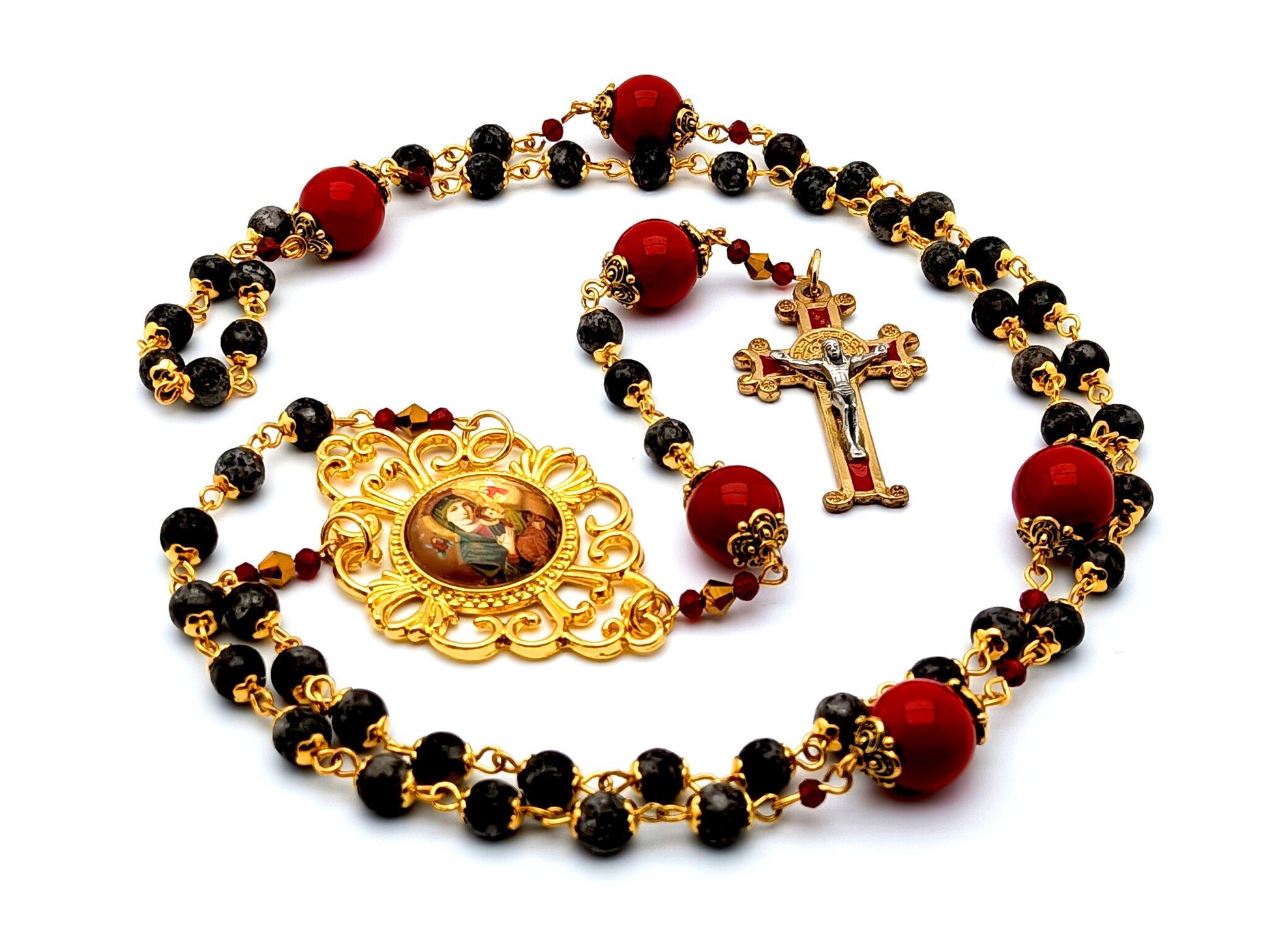 Our Lady of Perpetual Succor unique rosary beads jasper gemstone rosary beads with gold plated and red enamel Saint Benedict crucifix.