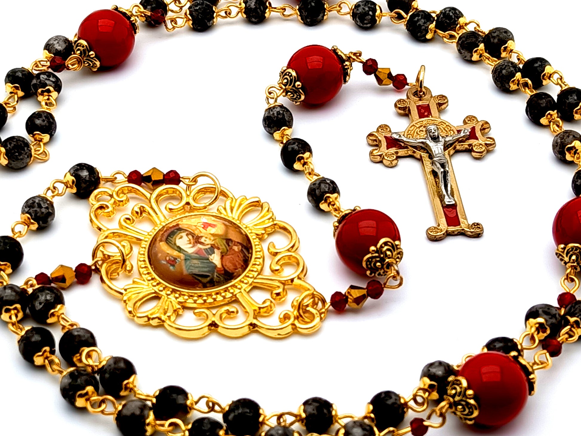 Our Lady of Perpetual Succor unique rosary beads jasper gemstone rosary beads with gold plated and red enamel Saint Benedict crucifix.