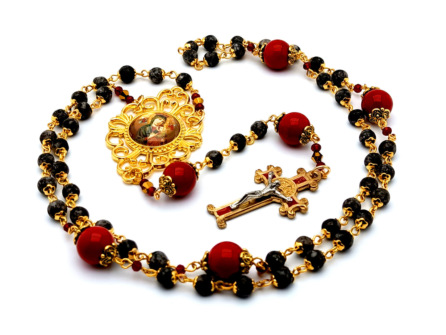 Our Lady of Perpetual Succor unique rosary beads jasper gemstone rosary beads with gold plated and red enamel Saint Benedict crucifix.