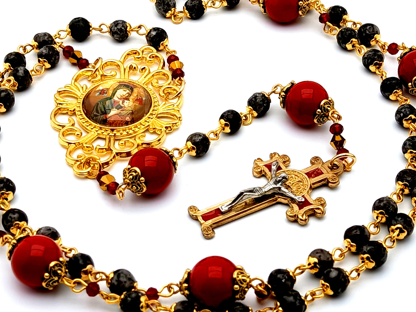 Our Lady of Perpetual Succor unique rosary beads jasper gemstone rosary beads with gold plated and red enamel Saint Benedict crucifix.