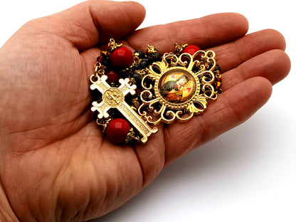 Our Lady of Perpetual Succor unique rosary beads jasper gemstone rosary beads with gold plated and red enamel Saint Benedict crucifix.