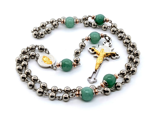 Saint Benedict unique rosary beads stainless steel and jasper gemstone rosary beads with stainless steel and gold plated crucifix.