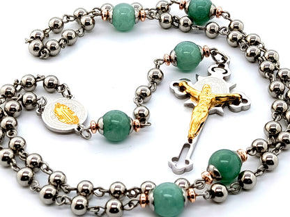 Saint Benedict unique rosary beads stainless steel and jasper gemstone rosary beads with stainless steel and gold plated crucifix.