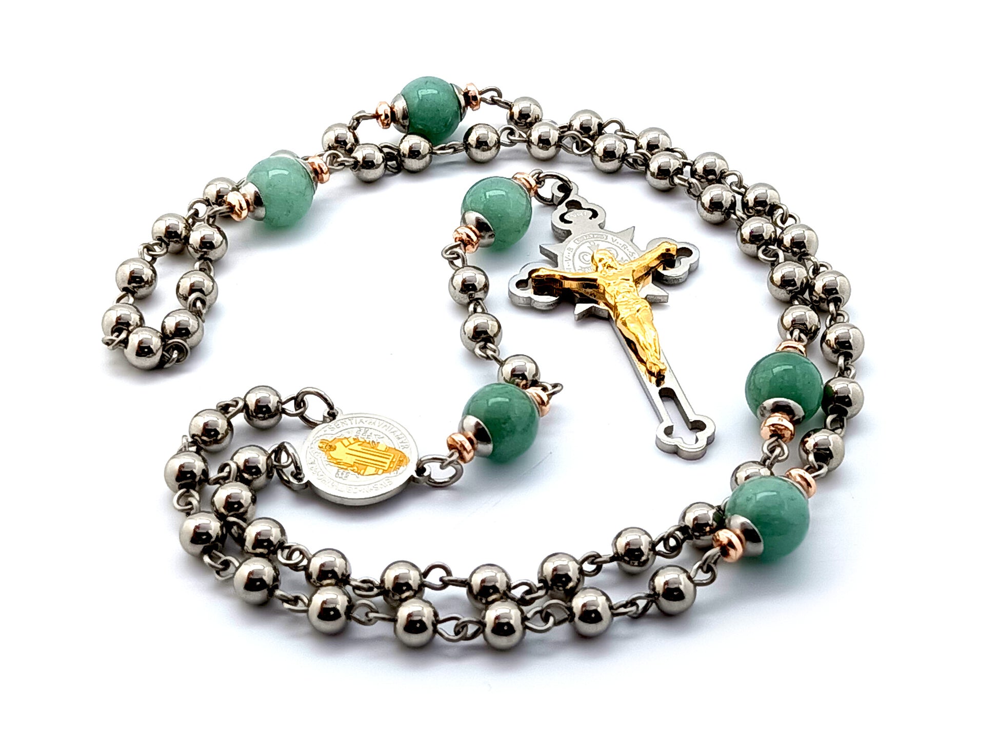 Saint Benedict unique rosary beads stainless steel and jasper gemstone rosary beads with stainless steel and gold plated crucifix.