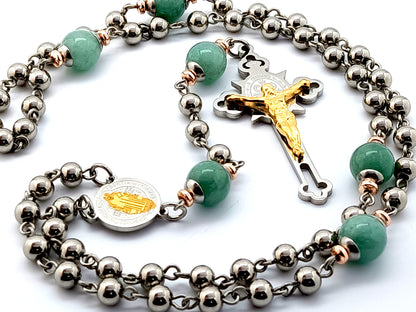 Saint Benedict unique rosary beads stainless steel and jasper gemstone rosary beads with stainless steel and gold plated crucifix.