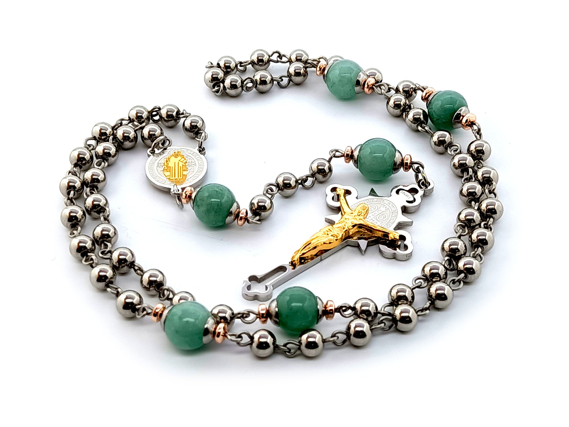 Saint Benedict unique rosary beads stainless steel and jasper gemstone rosary beads with stainless steel and gold plated crucifix.