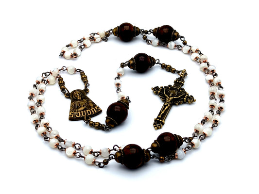 Saint Jude unique rosary beads vintage style mother of pearl rosary beads with jasper Our Father beads and brass crucifix.