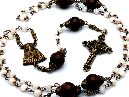 Saint Jude unique rosary beads vintage style mother of pearl rosary beads with jasper Our Father beads and brass crucifix.