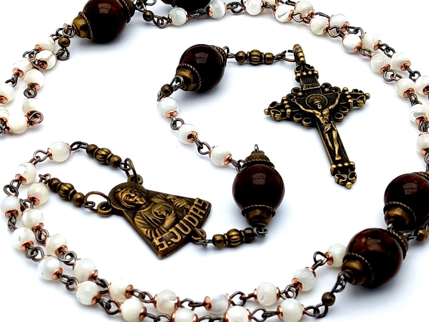 Saint Jude unique rosary beads vintage style mother of pearl rosary beads with jasper Our Father beads and brass crucifix.