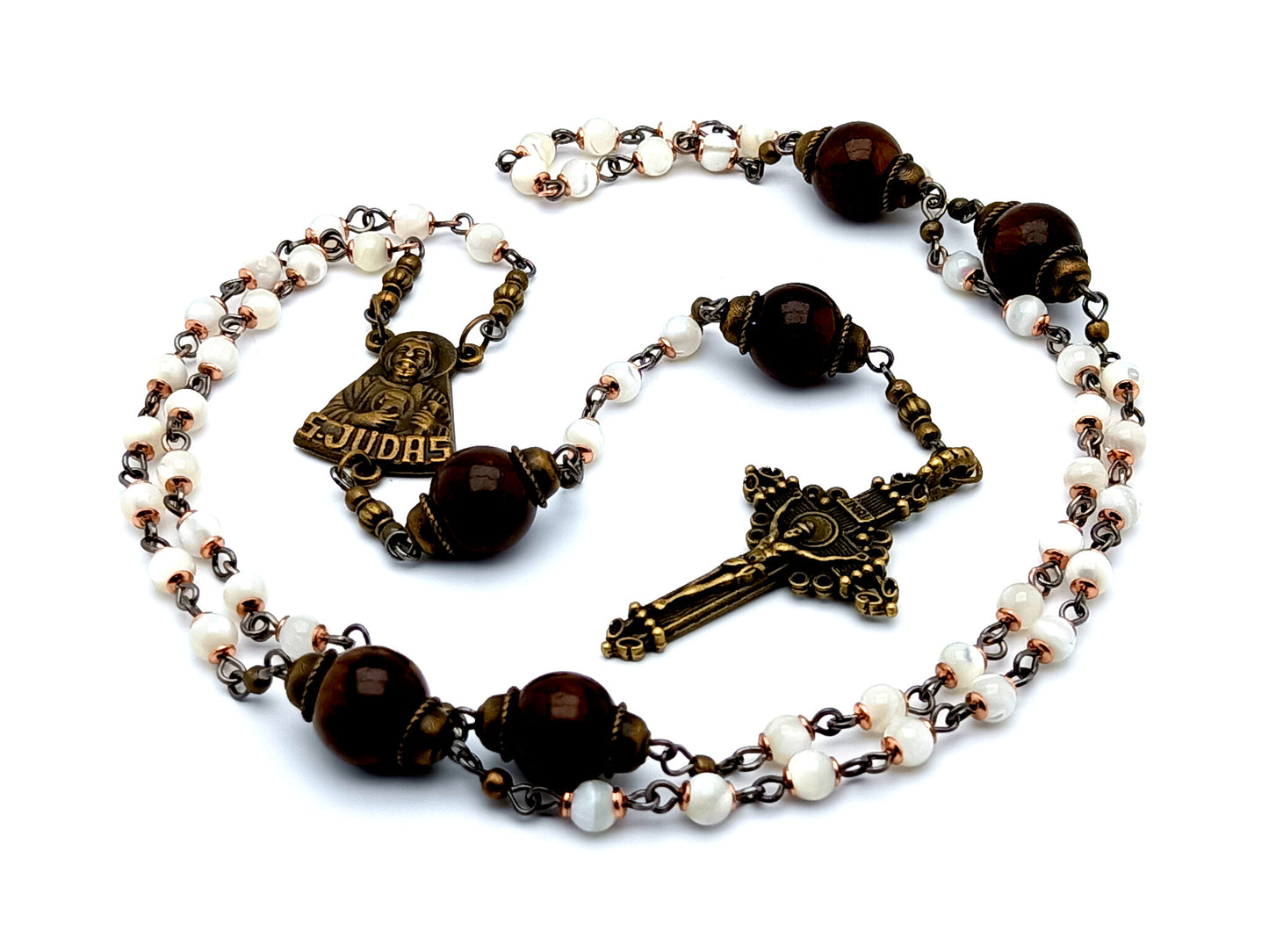 Saint Jude unique rosary beads vintage style mother of pearl rosary beads with jasper Our Father beads and brass crucifix.