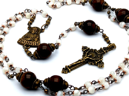 Saint Jude unique rosary beads vintage style mother of pearl rosary beads with jasper Our Father beads and brass crucifix.