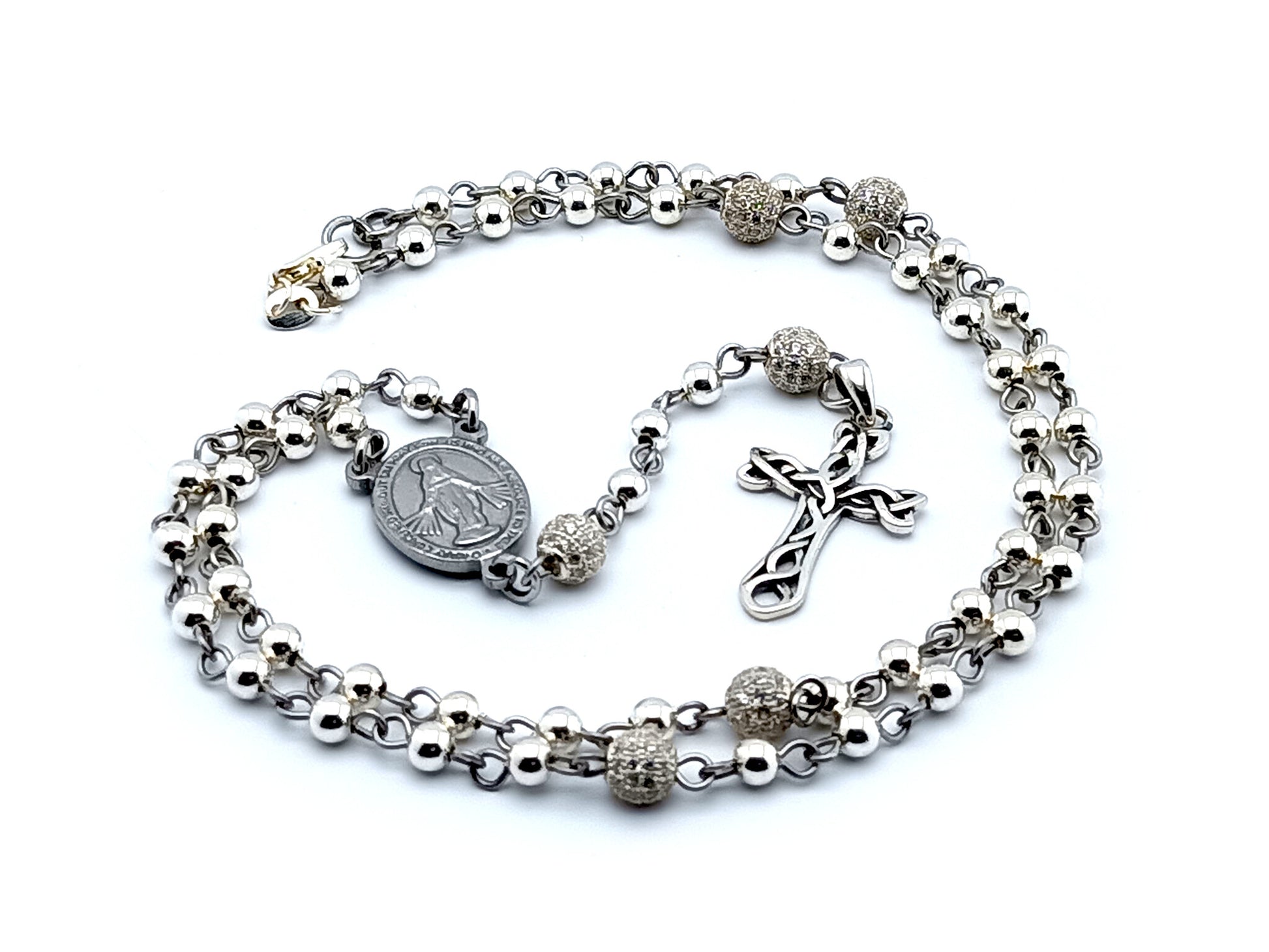Miraculous medal sterling silver rosary bead necklace with sterling silver Celtic style cross and crystal and 925 silver Our Father