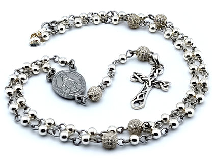 Miraculous medal unique rosary beads sterling silver rosary bead necklace with sterling silver Celtic style cross and crystal and 925 silver Our Father beads.