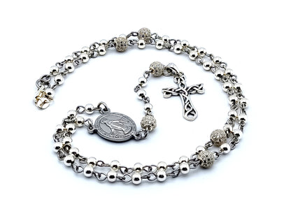 Miraculous medal unique rosary beads sterling silver rosary bead necklace with sterling silver Celtic style cross and crystal and 925 silver Our Father beads.